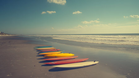 A vibrant display of surfboards lined along a tranquil beach, capturing the essence of summer adventure and the soothing atmosphere of coastal life.の素材