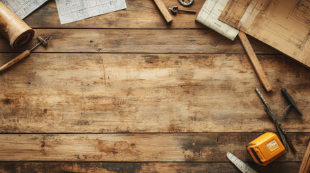 A rustic wooden table adorned with blueprints and various tools, perfect for construction and design projects. Ideal backdrop for creativity and inspiration in renovations.の素材