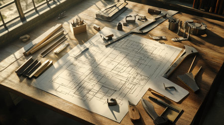 An artistic scene showcasing a detailed architectural blueprint on a wooden table, illuminated by natural light, surrounded by various precision tools and materials, embodying creativity and craftsmanship.の素材