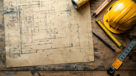 A vintage architectural blueprint rests on a rustic wooden surface, surrounded by essential construction tools such as a helmet, measuring tape, and pencils, showcasing the art of building design.の素材