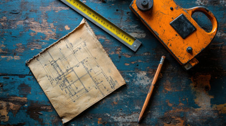This image showcases vintage engineering plans placed on a rustic wooden surface alongside a measuring tape and pencil, ideal for construction or architectural themes.の素材