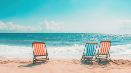 Experience the beauty of a tranquil beach scene featuring colorful lounge chairs facing calming ocean waves and a bright sky. Perfect for conveying relaxation and vacation vibes.の素材