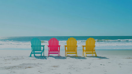 A stunning scene of bright beach chairs set against a beautiful ocean backdrop, inviting viewers to imagine a perfect day of relaxation and enjoyment by the waves.の素材