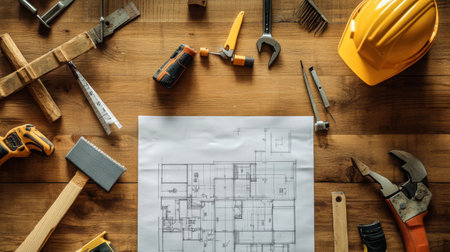 A flat lay of essential construction tools surrounding architectural plans on a wood surface, ideal for renovation projects and design work showcasing craftsmanship and planning.の素材