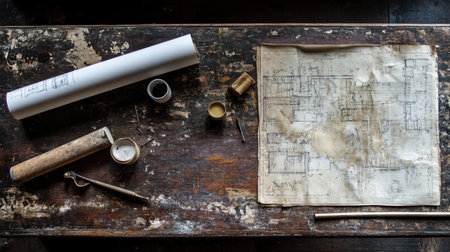 A rustic workbench displays vintage architectural blueprints and various drafting tools, creating an inspiring atmosphere for creativity and design, perfect for artistic projects.の素材