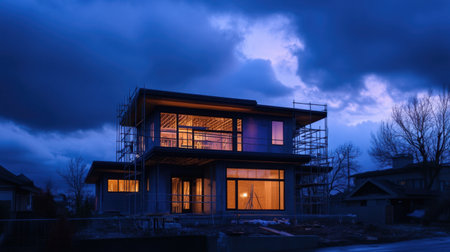 A modern residential building under construction showcases warm light glowing through windows against a striking twilight sky, illustrating urban development and contemporary design.の素材