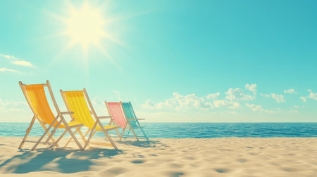A serene beach scene featuring colorful chairs on golden sand, basking in the warm sunlight, inviting relaxation by the peaceful ocean waves under a bright blue sky.の素材