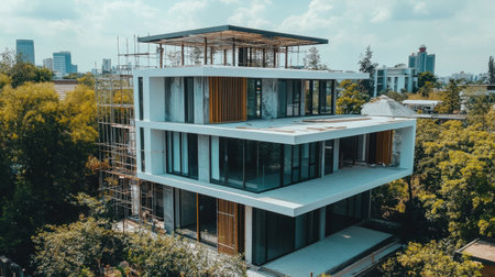 A stunning modern building under construction, framed by lush greenery and an urban skyline, showcasing innovative architectural design and contemporary aesthetics.の素材