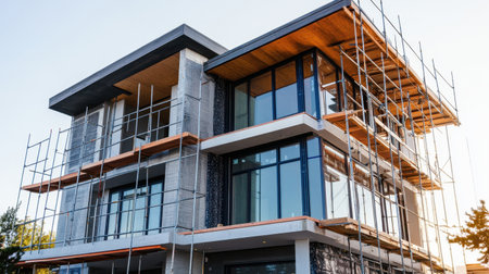 A modern residential building under construction, featuring scaffolding and expansive glass windows, illuminated by the warm glow of the setting sun in the background.の素材