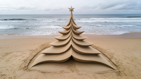 A stunning sand sculpture representing a Christmas tree stands tall on a tranquil beach, surrounded by gentle waves, showcasing creativity and holiday cheer.の素材