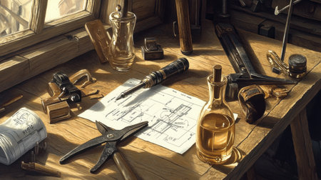 Inviting vintage workshop scene showcasing various tools and blueprints, illuminated by warm natural light, creating an inspiring atmosphere for creativity and craftsmanship.の素材