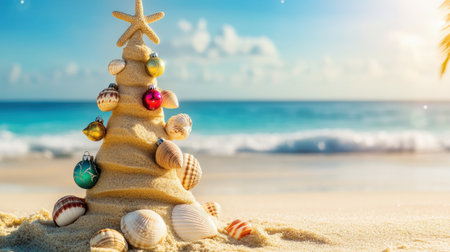 A whimsical sand Christmas tree adorned with colorful ornaments stands on a beach, offering a unique twist on holiday dの素材
