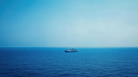 A beautiful, tranquil scene showcasing an empty ocean with a lone cruise ship sailing under a clear blue sky, ideal for travel and adventure themes, evoking calm and peace.の素材