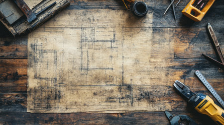 An artistic layout of a vintage blueprint on a rustic wooden table, flanked by various drafting tools, creating an inspiring workspace for innovative design and engineering projects.の素材