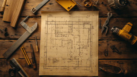 A vintage architectural blueprint rests on a wooden work surface, accompanied by an array of construction tools, symbolizing the art of design and meticulous planning in building projects.の素材