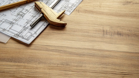 A captivating arrangement of an architectural blueprint alongside measuring tools on a light wooden surface, symbolizing precision and creative design in engineering projects.の素材