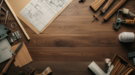 A detailed arrangement of woodworking tools and blueprints on a wooden surface, suitable for showcasing creativity and craftsmanship in design and construction projects.の素材