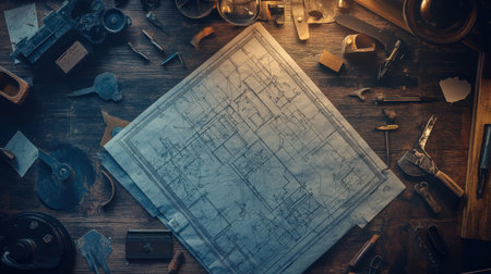 A captivating display of a vintage blueprint alongside various workshop tools on a wooden table, showcasing the artistry and history of manual craftsmanship in a nostalgic workspace.の素材