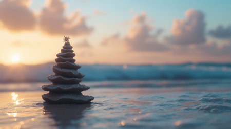 A serene beach scene captures a unique Christmas tree on the sand during sunset. Gentle waves lap at the shore, creating a tranquil holiday atmosphere filled with warmth.の素材