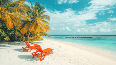 Enjoy a picturesque tropical beach with bright orange lounge chairs set against golden sand and turquoise waters, surrounded by lush palm trees and blue skies. Perfect for relaxation!の素材
