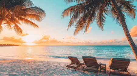 A tranquil tropical beach scene at sunset featuring palm trees and lounge chairs, perfect for relaxation and escape in a beautiful ocean setting.の素材