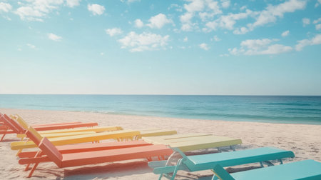 Vibrant beach loungers line a serene sandy shore, inviting relaxation. The scenic ocean view and bright blue sky create a picturesque summer getaway atmosphere.の素材