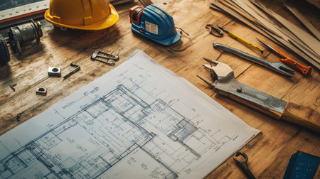 A high-quality image depicting an architectural blueprint on a wooden table, surrounded by essential construction tools and safety gear, capturing the essence of project planning and design.の素材