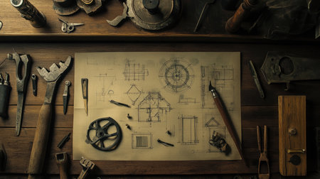 A rustic workshop scene showcasing an array of hand tools and architectural drawings, highlighting the blend of craftsmanship, creativity, and traditional design techniques.の素材