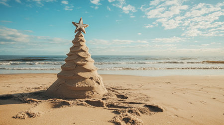 A creative sandy Christmas tree stands tall on the beach, merging holiday spirit with the beauty of ocean waves under a bright blue sky, evoking warmth and joy.の素材