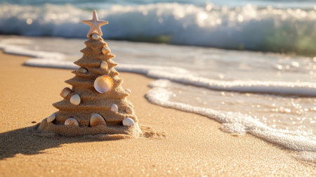 A creative sand Christmas tree sits on the beach, beautifully decorated with shells, as gentle waves lap at the shore, capturing the essence of a unique holiday experience.の素材