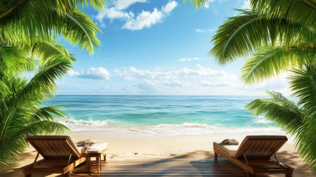 Breathtaking view of a serene tropical beach featuring lounge chairs under vibrant palm leaves, inviting relaxation by the gentle waves and clear blue sky. Perfect for vacation inspiration.の素材