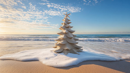 A beautifully crafted sand tree stands at the waterの素材