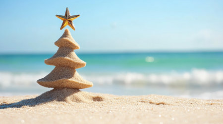 A whimsical sand sculpture of a Christmas tree with a golden star sits on a sunny beach, capturing the essence of holiday spirit in a tropical paradise setting.の素材