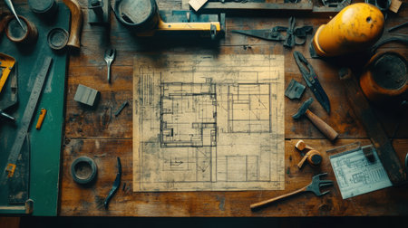 A captivating view of an architectural blueprint resting on a rustic wooden workbench amid various tools, epitomizing the essence of creativity and craftsmanship in design.の素材