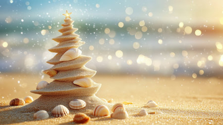 A creative sandy Christmas tree rests on a beach, surrounded by colorful seashells, while soft bokeh lights create a dreamy atmosphere, perfect for holiday spirit.の素材