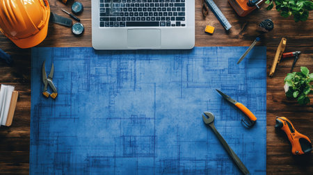 A stylish workspace featuring a laptop on a blueprint, surrounded by various tools and construction gear, ideal for project planning and creative design endeavors.の素材