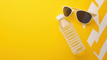 A vibrant scene showcasing a clear water bottle and fashionable sunglasses against a lively yellow backdrop, ideal for conveying a refreshing summer vibe and outdoor fun.の素材