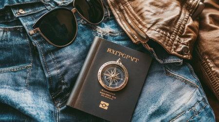 A stylish travel setup featuring a passport, compass, sunglasses, and a vintage leather jacket laid on denim fabric, perfect for adventure planning and exploring new destinations.の素材