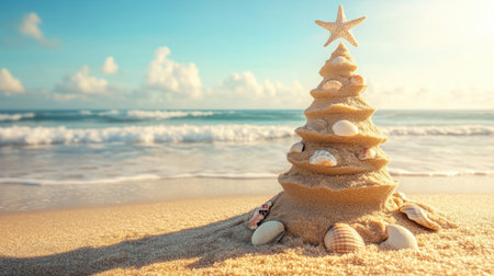A beautiful and creative sand tree brings a festive touch to the beach, surrounded by seashells, gentle waves, and a clear blue sky, perfect for holiday memories.の素材