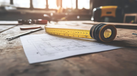 This image features a measuring tape and blueprint resting on a wooden table in a workshop, illuminated by soft natural light, symbolizing creativity and planning in construction projects.の素材