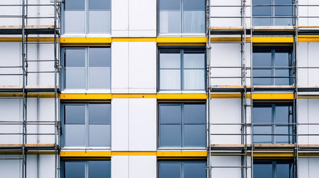 A view of a modern building facade under construction, showcasing an intricate design with windows and scaffolding, highlighting a dynamic urban environment and development.の素材