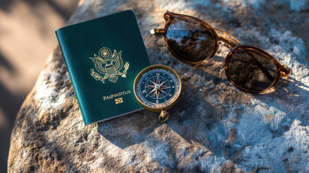 A stylish passport, compass, and sunglasses are artistically arranged on a rock, capturing the essence of travel and outdoor exploration in bright sunlight.の素材
