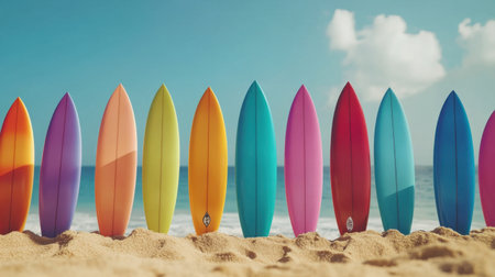 A line of colorful surfboards stands tall on the golden sand of a beach, with gentle ocean waves in the background, inviting beachgoers to enjoy summer fun and adventure.の素材