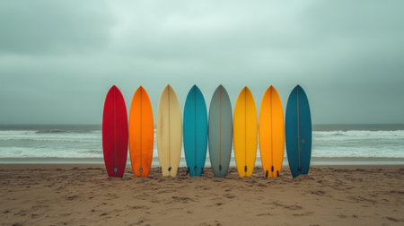 A striking collection of surfboards in various colors lined up on a sandy beach, capturing the essence of summer fun and beach culture against a moody sky.の素材