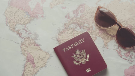 A fashionable passport lies on a detailed world map, accompanied by stylish sunglasses, embodying the excitement and anticipation of new travel adventures.の素材