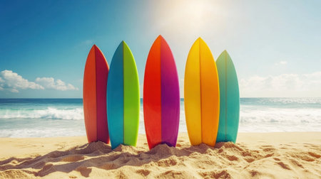 A stunning collection of colorful surfboards aligned on a sandy beach, perfectly capturing the vibrant spirit of summer days by the ocean with gentle waves and a sunny sky.の素材