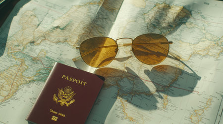 A vibrant flat lay of a yellow lens sunglasses and a passport placed on a detailed map, perfect for travel enthusiasts planning their next adventure or exciting getaway.の素材