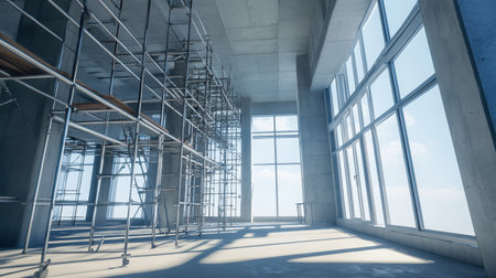 Bright and airy construction site with scaffolding and floor-to-ceiling windows, showcasing a contemporary design that allows natural light and offers a promising work environment.の素材