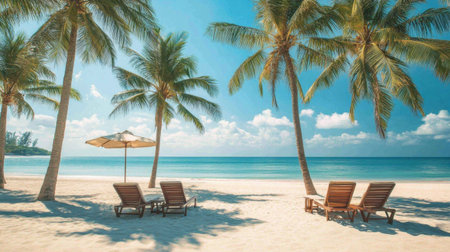 Experience the tranquility of a beautiful tropical beach with palm trees, lounge chairs, and a bright blue sky, creating the ultimate relaxation atmosphere for your perfect getaway.の素材