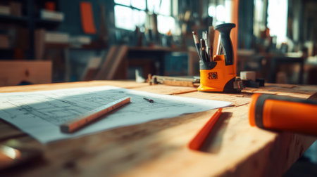 A vibrant workbench scene captures the essence of creativity with tools and architectural drawings. Warm light enhances the artistic workspace filled with potential.の素材